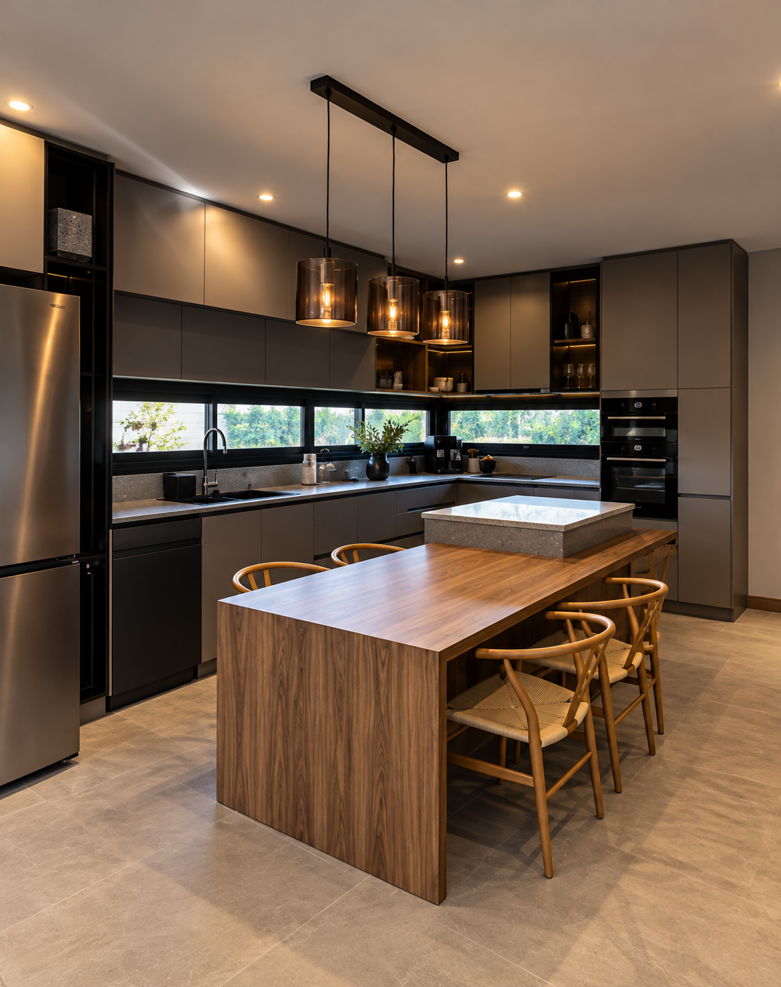 Reconstrucción visual con IA de cocina con isla de madera y muebles oscuros